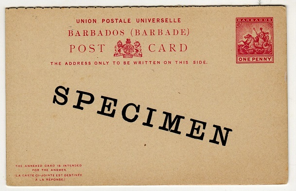 BARBADOS - 1892 1d+1d PSRC unused with SPECIMEN applied diagonally in black.  H&G 10.