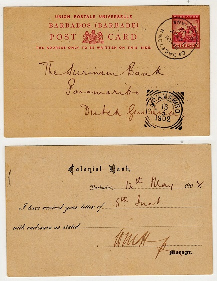 BARBADOS - 1892 1d carmine PSC to Dutch Guiana cancelled in transit at GEORGETOWN.  H&G 9.