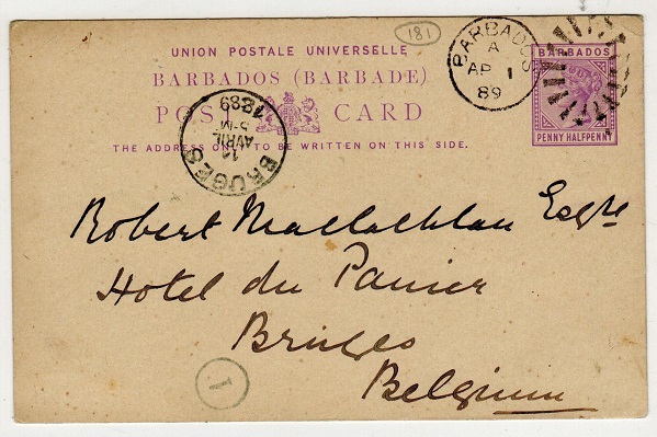 BARBADOS - 1883 1/2d lilac PSC to Belgium cancelled BARBADOS.  H&G 4.