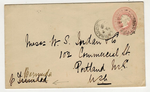 BARBADOS - 1882 1d pink PSE addressed to USA and sent Via Bermuda.  H&G 1.