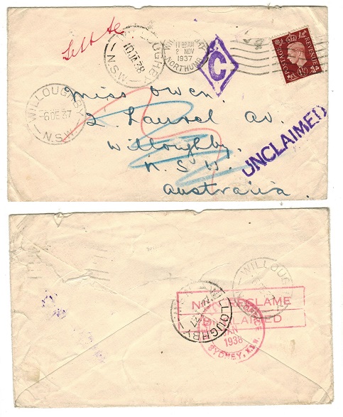 AUSTRALIA - 1937 inward UNCLAIMED cover from UK to NSW.