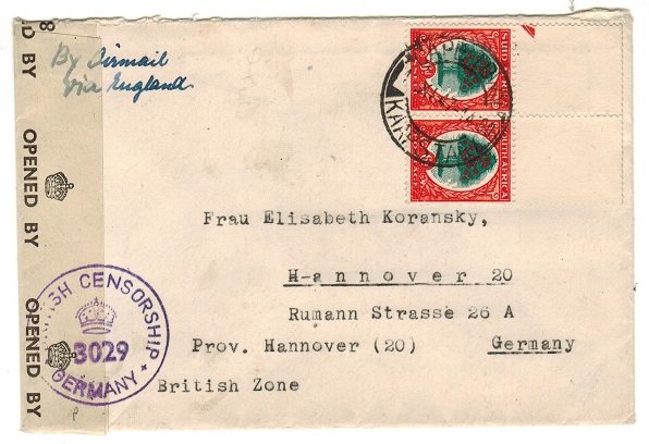 SOUTH AFRICA - 1947 1/- rate cover to Germany with BRITISH CENSORSHIP h/s.