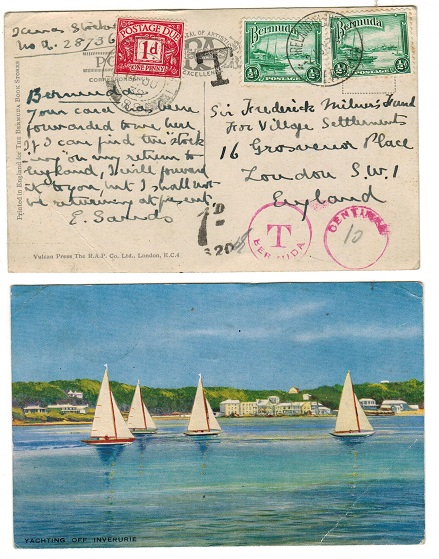 BERMUDA - 1938 taxed underpaid postcard to UK from IRELAND ISLAND.
