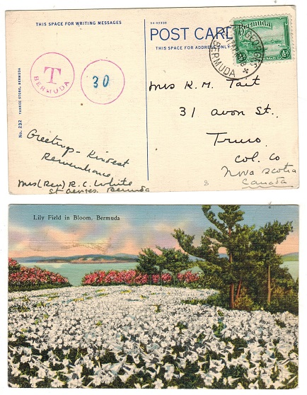 BERMUDA - 1941 underpaid postcard use to USA from ST.GEORGES.