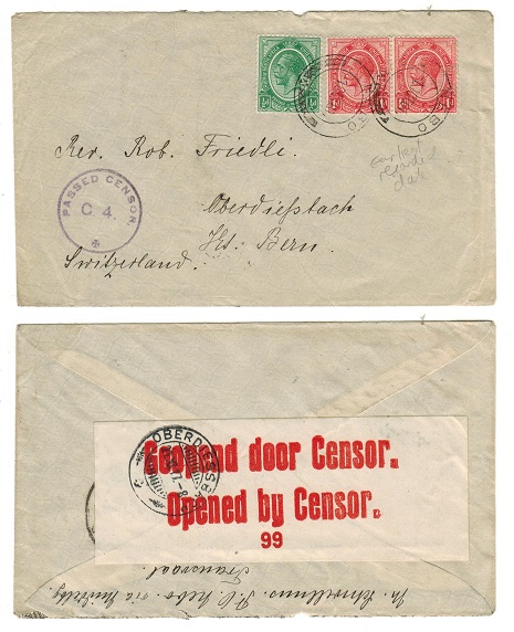 SOUTH AFRICA - 1917 2 1/2d rate censor cover to Switzerland used at NEBO.