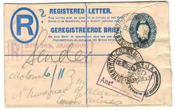 SOUTH AFRICA - 1922 6d blue RPSE addressed to Basutoland used at CROWN MINE.  H&G 5.