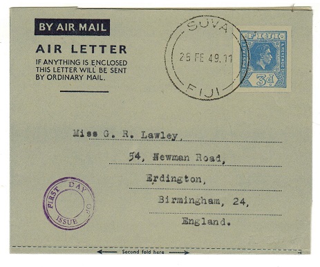 FIJI - 1949 3d ultramarine postal stationery air letter used on the first day of issue.  H&G 2.
