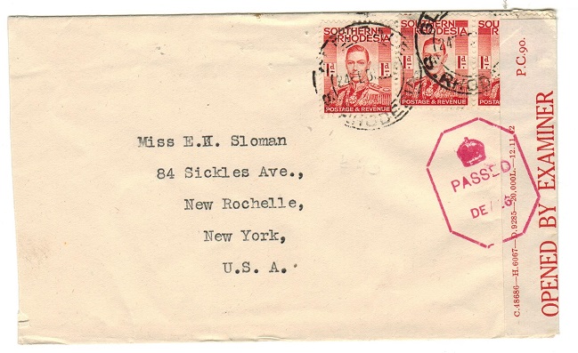 SOUTHERN RHODESIA - 1942 3d rate censor cover to USA used at GLENDALE.