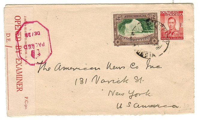 SOUTHERN RHODESIA - 1944 3d rate censor cover to USA used at SALISBURY.