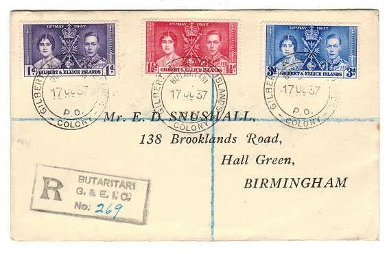 GILBERT AND ELLICE IS - 1937 registered cover to UK bearing 