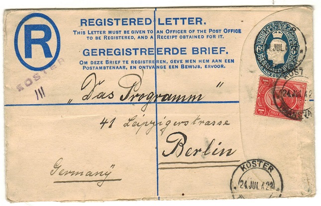 SOUTH AFRICA - 1922 6d blue RPSE to Germany uprated at KOSTER.  H&G 5a.