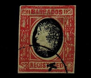 BARBADOS - 1900 (circa) red and dark blue IMPERFORATE FORGERY headed 