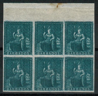 BARBADOS - 1852 (1d) no value expressed slate blue top marginal mint block of six.  SG 5a.