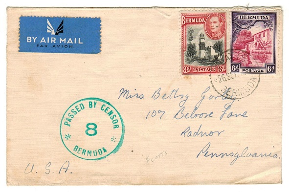 BERMUDA - 1943 9d rate cover to USA used at FLATTS with PASSED BY CENSOR /8/BERMUDA h/s applied.