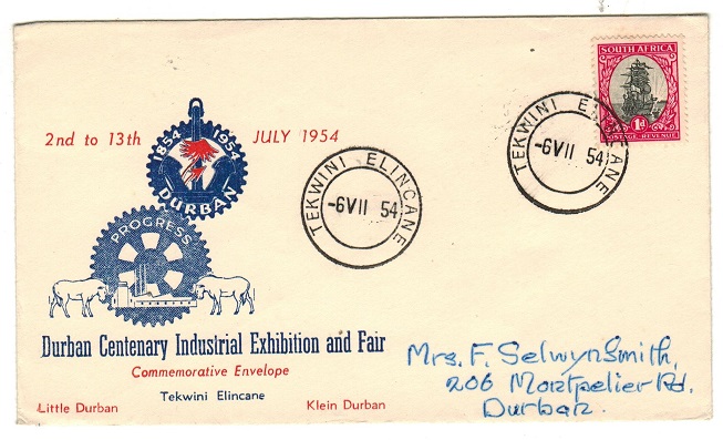 SOUTH AFRICA - 1954 1d rate (Exhibition) TEKWINI ELINCANE local cover.