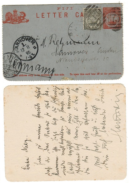 FIJI - 1895 1 1/2d red on grey postal stationery letter card uprated to Germany.  H&G 1.