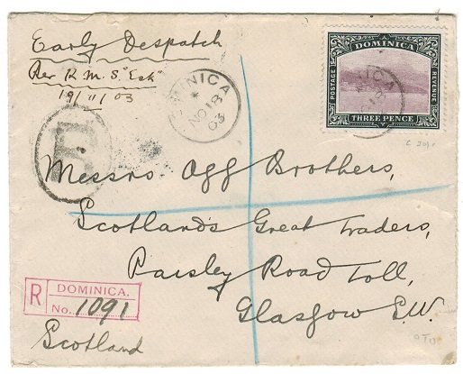 DOMINICA - 1903 3d rate registered cover to UK.