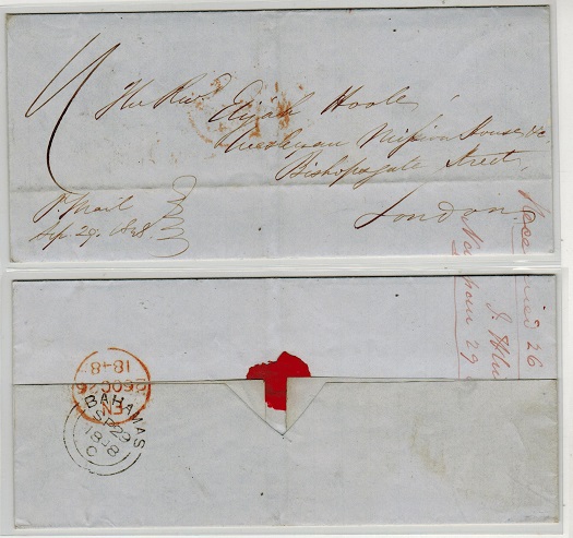 BAHAMAS - 1848 outer wrapper to UK struck by BAHAMAS cancel on reverse.