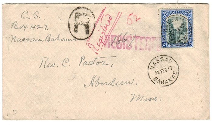 BAHAMAS - 1917 2/- rate registered cover to USA used at NASSAU.