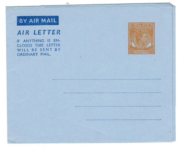 SINGAPORE - 1951 25c postal stationery airletter unused.  H&G 1.