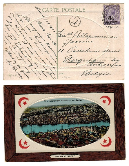BRITISH LEVANT - 1922 4 1/2p rate postcard use to Belgium used at CONSTANTINOPLE.