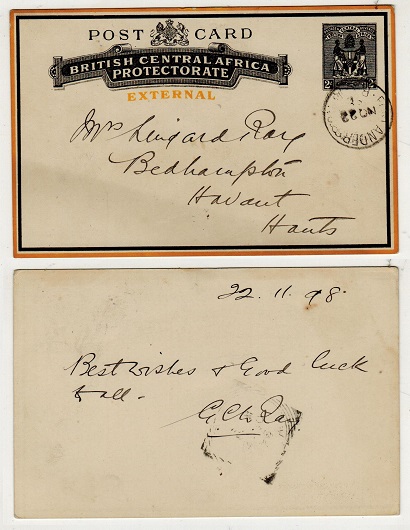 NYASALAND - 1895 2d black and yellow PSC to UK used at FORT ANDERSON.  H&G 5.