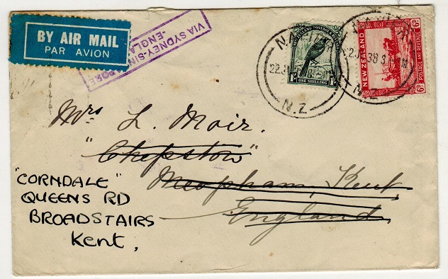 NEW ZEALAND - 1938 1/6d rate cover to UK struck by 