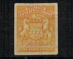 RHODESIA - 1892 5/- IMPERFORATE PLATE PROOF in orange-yellow on ungummed card.