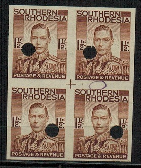 SOUTHERN RHODESIA - 1937 1 1/2d red-brown IMPERFORATE PLATE PROOF block of four.