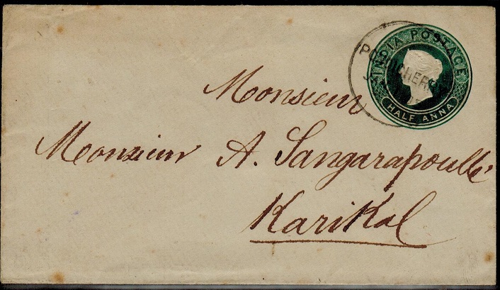 INDIA - 1883 1/2a green PSE of India used at PONDICHERRY.  H&G 4.