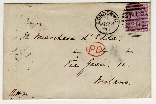 GREAT BRITAIN - 1871 6d rate cover to Italy.
