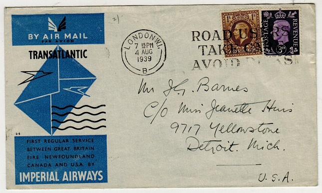 GREAT BRITAIN - 1939 1/3d rate Imperial Airways transatlantic first flight cover to USA.