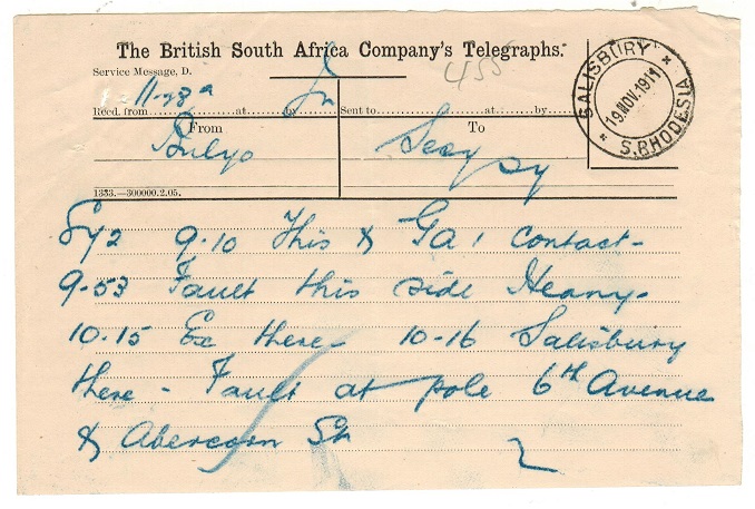 RHODESIA - 1911 TELEGRAM form used at SALISBURY.