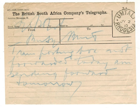 RHODESIA - 1910 TELEGRAM form used at UMTALI.