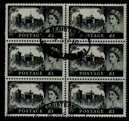 GREAT BRITAIN - 1959 1 black used block of six.  SG 598.