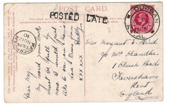NATAL - 1910 1d rate postcard use to UK from DURBAN struck 