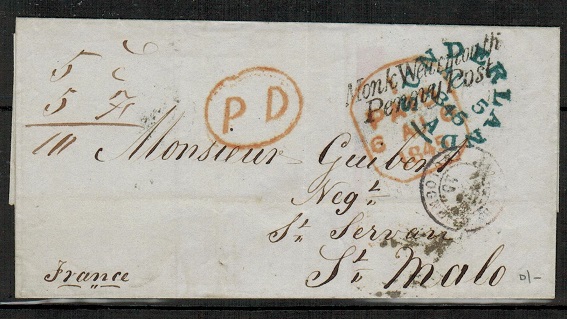 GREAT BRITAIN - 1845 outer wrapper to France from SUNDERLAND with MONK WEARMOUTH/PENNY POST h/s.