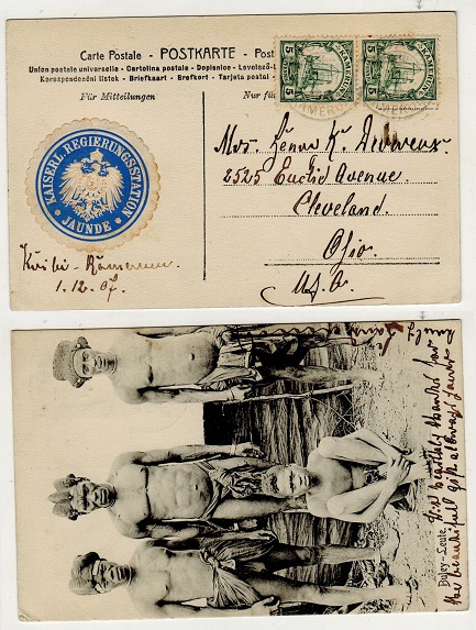 CAMEROONS - 1907 10pfg rate postcard use to USA used at DUALA with official JAUNDE label.