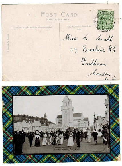 GREAT BRITAIN - 1911 1/2d rate postcard use to Fulham cancelled EXHIBITION GLASGOW.