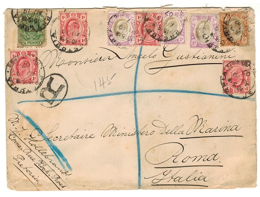TRANSVAAL - 1907 multi-franked registered cover to Italy used at PRETORIA.