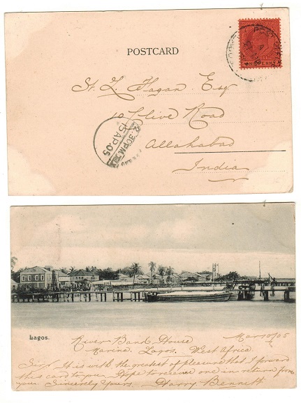 LAGOS - 1905 1d rate postcard use to India.