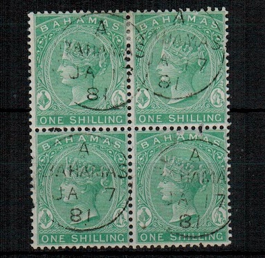 BAHAMAS - 1863 1/- green fine used block of four.  SG 39b.