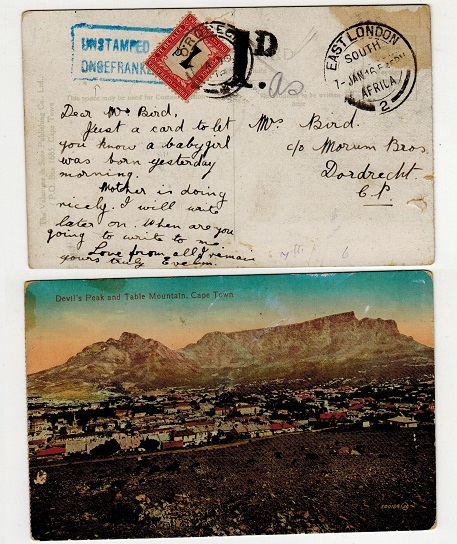 SOUTH AFRICA - 1916 unpaid postcard with UNSTAMPED h/s and 1d 
