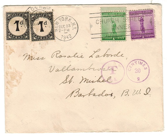 BARBADOS - 1942 inward underpaid cover from USA with 1d (x2) 