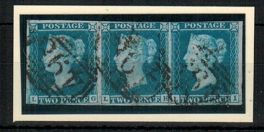 GREAT BRITAIN - 1841 2d steel blue Plate 3 strip of three cancelled by 