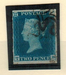 GREAT BRITAIN - 1840 2d deep full blue with four margins cancelled by black Maltese cross.  SG 4.
