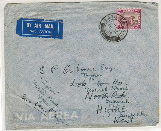 MALAYA - 1934 25c rate cover to UK used at BATU GAJAH.