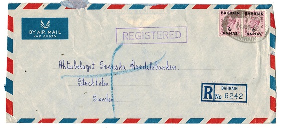 BAHRAIN - 1952 12a rate cover to Sweden cancelled by oval rubber REGISTERED/BAHRAIN cancel.