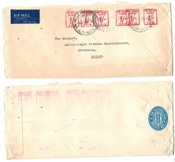 NEW ZEALAND - 1950 scarce 6/- meter rate cover (faults) to Sweden.