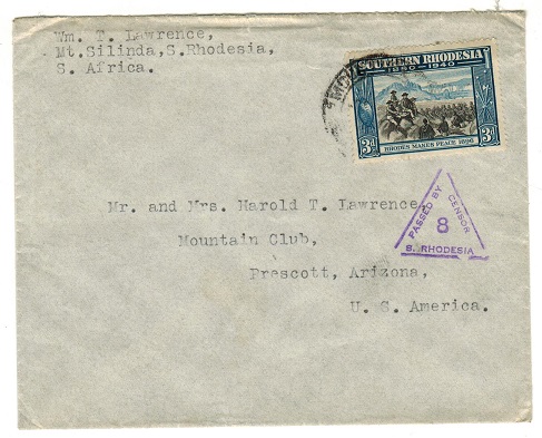 SOUTHERN RHODESIA - 1941 3d rate censor cover to USA.